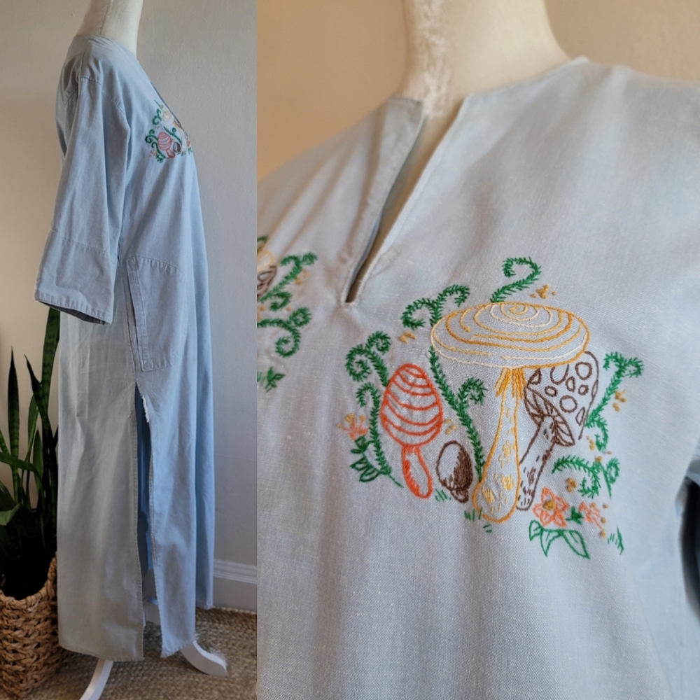 VTG 70s Embroidered Mushroom Denim Caftan Dress - Picture 8 of 16